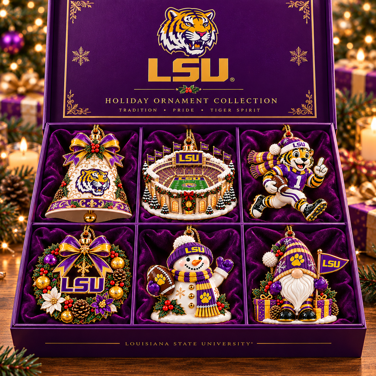 LSU Premium Christmas Tree Ornament Set BMD